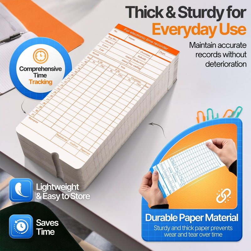 Flexzion Monthly Time Cards for Employees - Dual-Sided, Orange/Blue Attendance Tracker, 270-Piece Time Sheets Compatible with 6-Column Time Clock Recorders for Businesses - Image 3