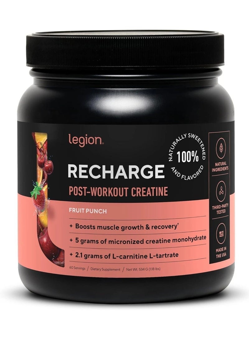 Legion Athletics Recharge Post Workout Drink, Boosts Muscle growth and Recovery, 5g Micronized Creatine Monohydrate, 2.1g L-Carnitine and L-Tartrate, 534 grams(1.18 Lbs), 60 Servings - Fruit Punch Flavor - Image 1