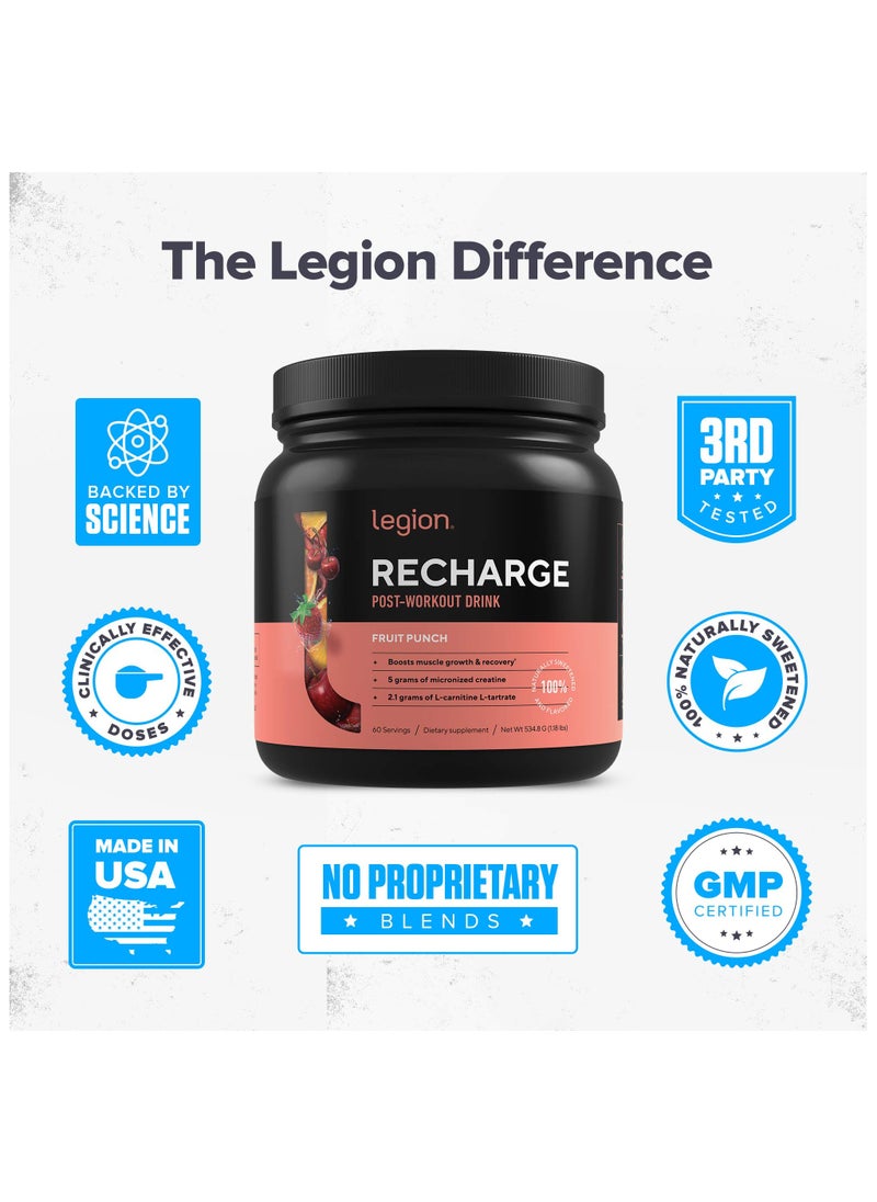 Legion Athletics - Recharge Post Workout Drink, Boosts Muscle growth and Recovery, 5g Micronized Creatine Monohydrate, 2.1g L-Carnitine and L-Tartrate, 534 grams(1.18 Lbs), 60 Servings - Fruit Punch Flavor - Image 1