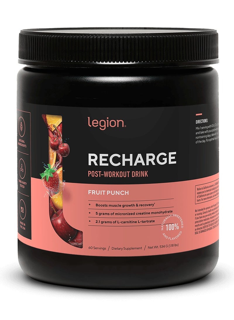 Legion Athletics - Recharge Post Workout Drink, Boosts Muscle growth and Recovery, 5g Micronized Creatine Monohydrate, 2.1g L-Carnitine and L-Tartrate, 534 grams(1.18 Lbs), 60 Servings - Fruit Punch Flavor - Image 1