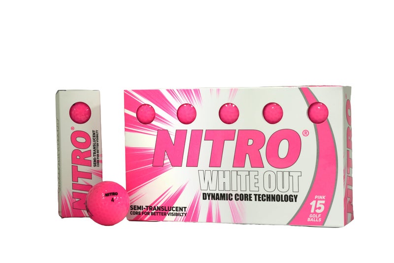 Nitro Long Distance Peak Performance Golf Balls (15PK) All Levels White Out 70 Compression High Velocity White Hot Core Long Distance Golf Balls USGA Approved-Total of 15-Hot Pink - Image 1