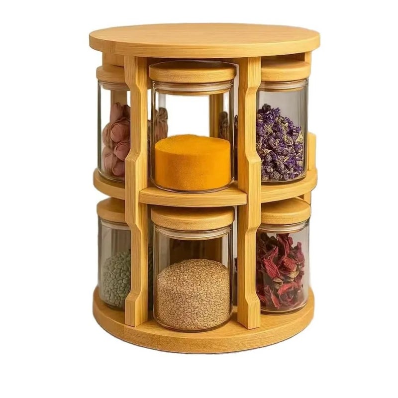 Genaric Next store 2 Tier Wooden Rotating Kitchen Organizer with Glass Jars with Airtight Lid, Practical Multi-Use Shelf for Storing Spices and Food Neat and Tidy