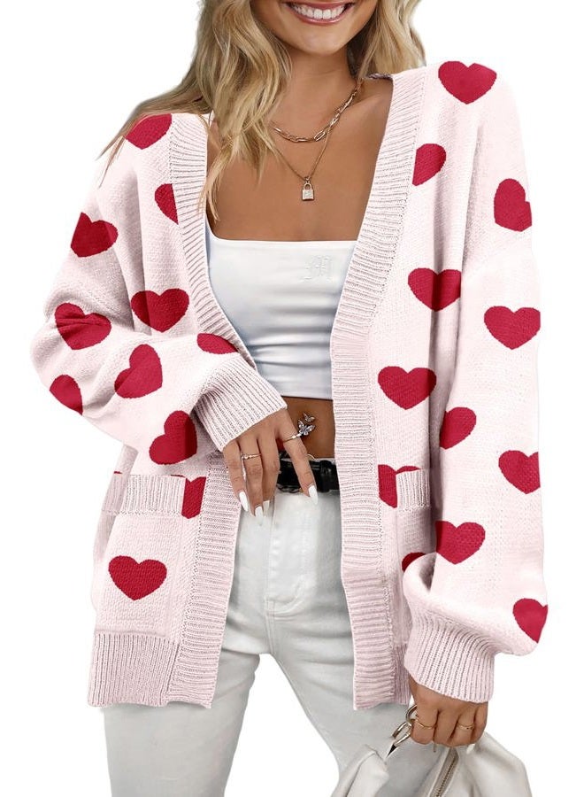 XuBa Women's Cardigan Long Sleeve Chunky Knit Casual Open Front Sweater Heart Cardigans with Pocket, Heart White, XL - Image 1