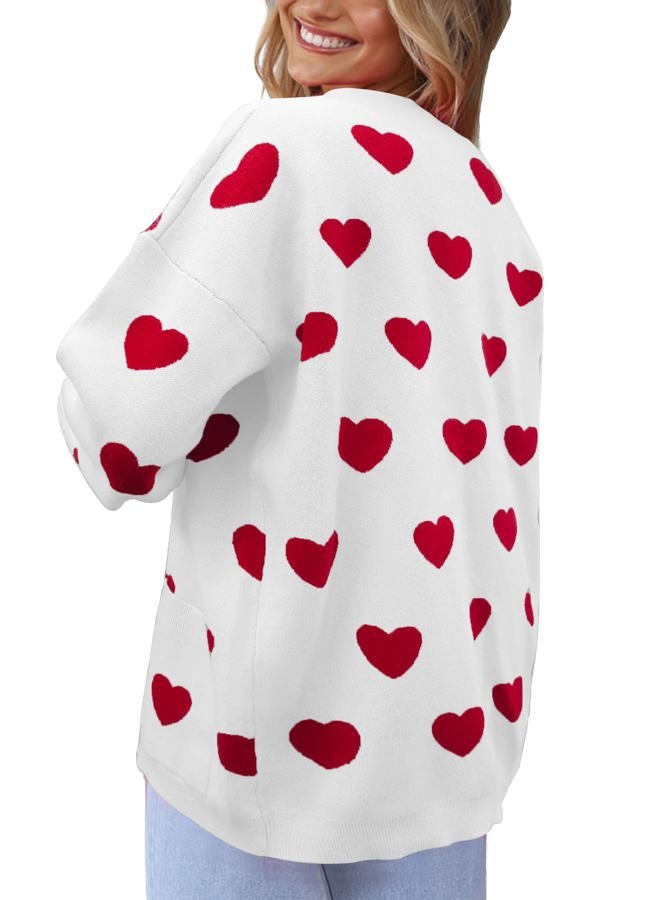 XuBa Women's Cardigan Long Sleeve Chunky Knit Casual Open Front Sweater Heart Cardigans with Pocket, Heart White, XL - Image 3
