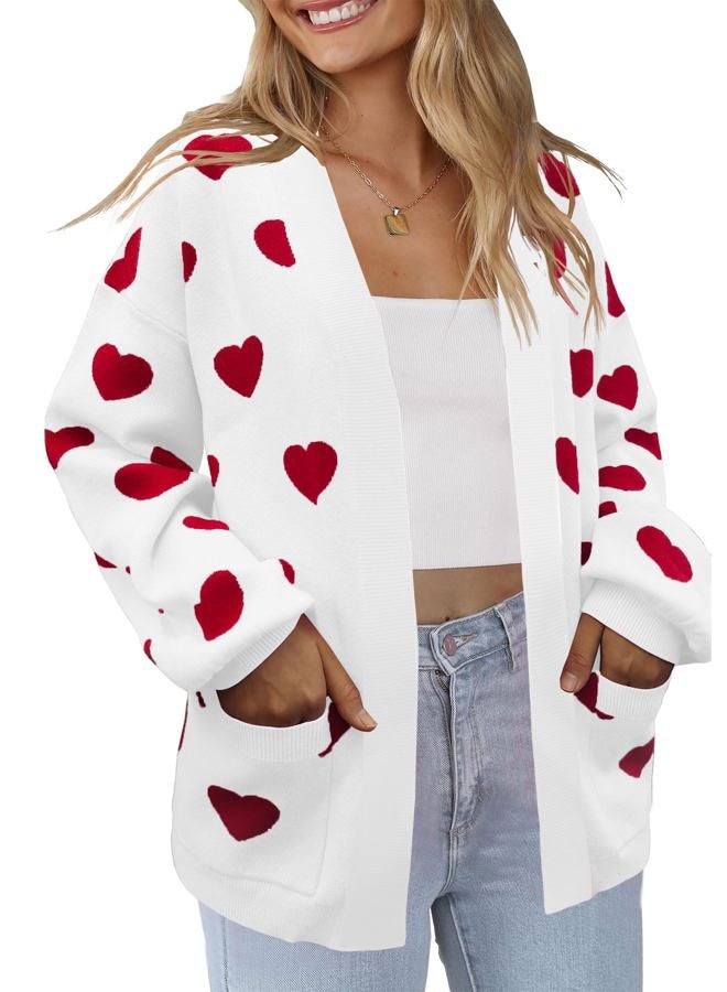 XuBa Women's Cardigan Long Sleeve Chunky Knit Casual Open Front Sweater Heart Cardigans with Pocket, Heart White, XL - Image 2