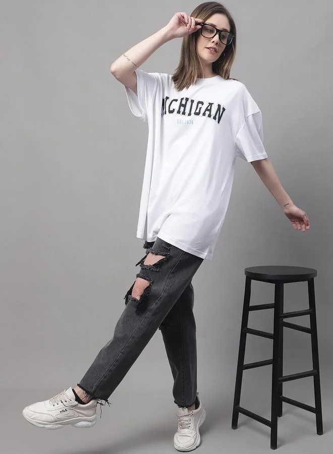 Styli Women White Oversized Slogan Print T-Shirt By Door74