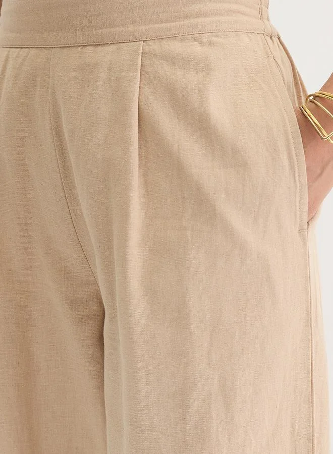 Femmella Beige Cotton Linen Straight Fit Pants