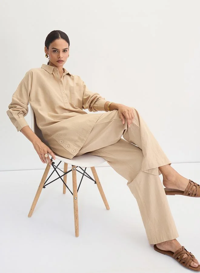 Femmella Beige Cotton Linen Straight Fit Pants