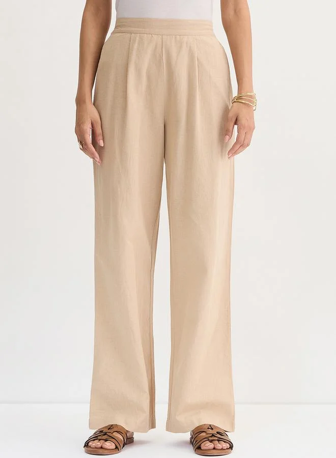 Femmella Beige Cotton Linen Straight Fit Pants
