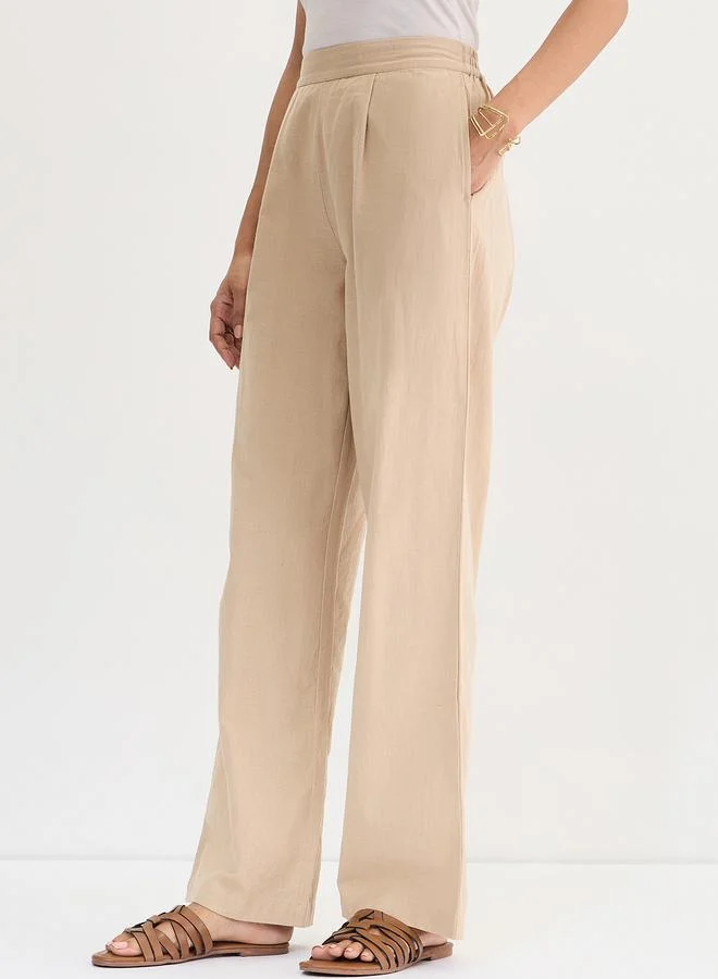 Femmella Beige Cotton Linen Straight Fit Pants