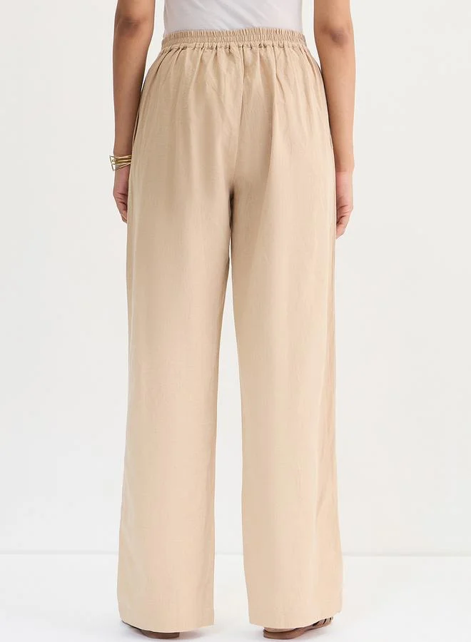 Femmella Beige Cotton Linen Straight Fit Pants