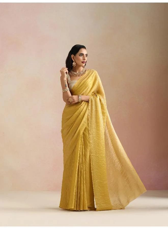trueBrowns trueBrowns Mustard Tissue Stripe Saree With Unstitched Blouse