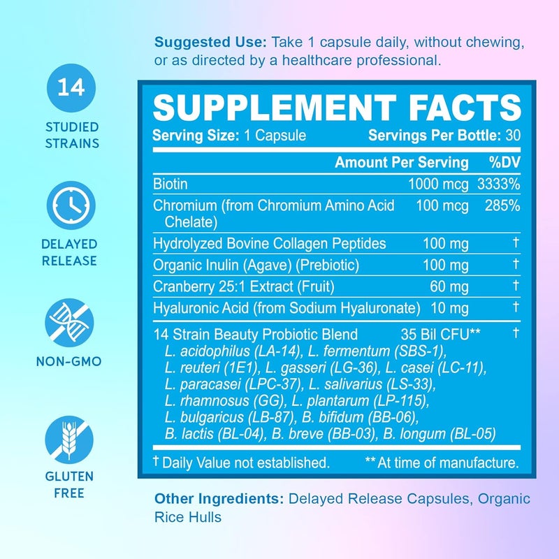 BioEmblem Beauty Probiotics for Women 35 Billion CFU 14 Strains with Biotin Collagen Prebiotics for Digestive Health Hair Skin and Nails Vaginal Probiotics Supplement Shelf Stable 30 Caps - Image 3