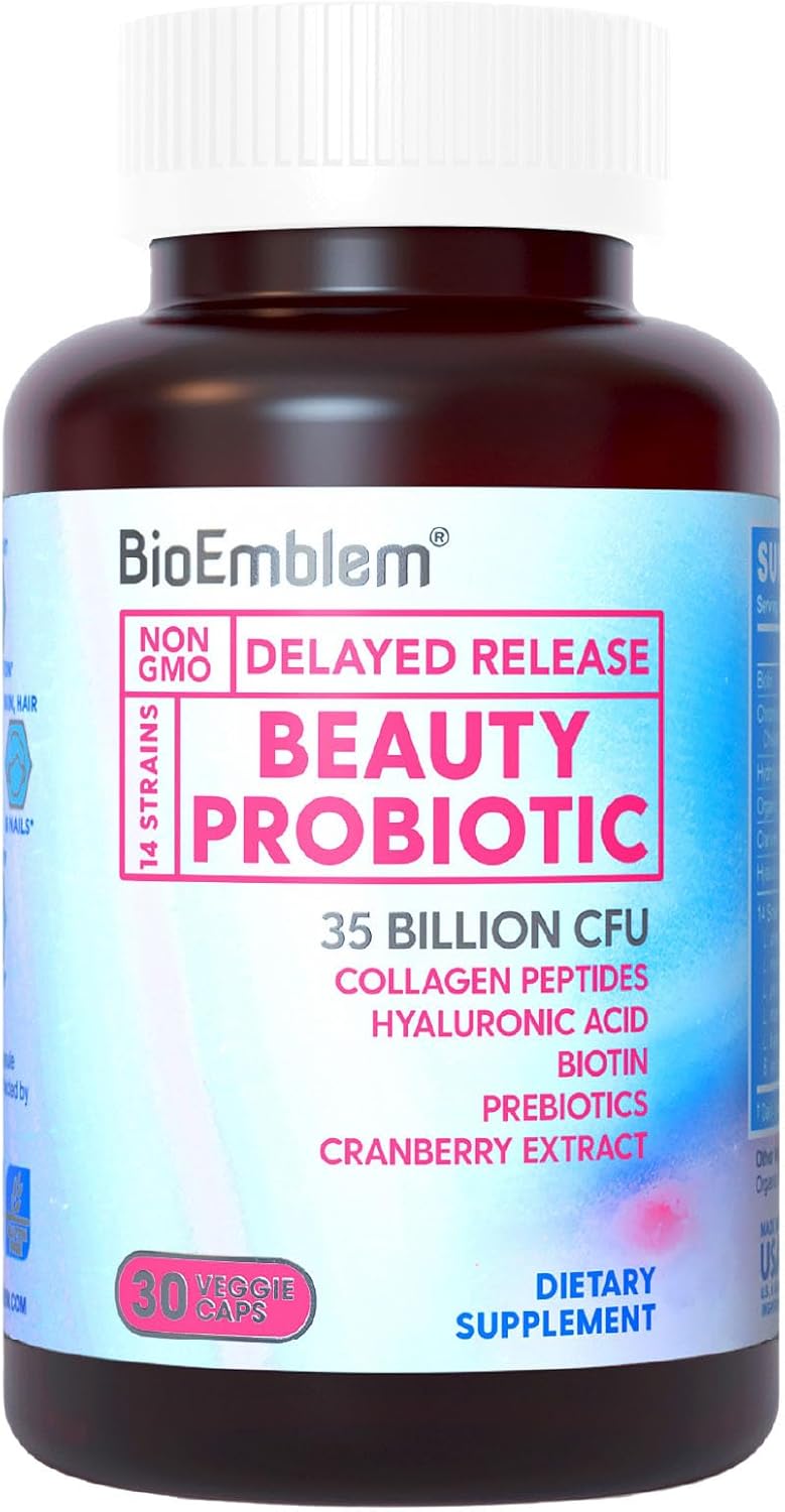 BioEmblem Beauty Probiotics for Women 35 Billion CFU 14 Strains with Biotin Collagen Prebiotics for Digestive Health Hair Skin and Nails Vaginal Probiotics Supplement Shelf Stable 30 Caps - Image 1