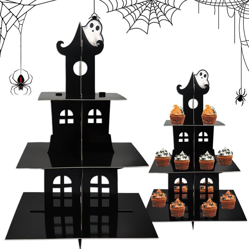 Glodecart Halloween Cupcake Stand for Dessert Table Party 3 Tire Black Castle Ghost Cupcake Tower for Halloween Party Favors Birthday Supplies Ghost Castle Halloween Cardboard Cupcake Holder Display