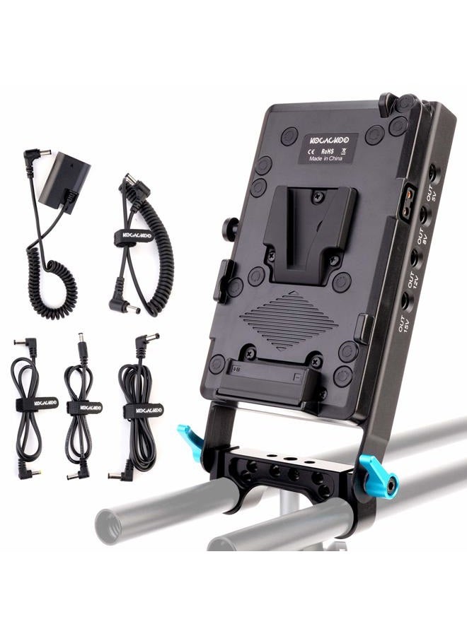 KOCACKOO V-Mount Lock Battery Plate Power Supply Splitter Adapter with 15mm Rod Clamp + LP-E6 Dummy Battery for BMPCC 4K/6K、DSLR RED Cameras、Camcorders、Canon 5D2/5D3/5D4/6D/6D2/7D/7D2/70D/80D/5DSR - Image 1