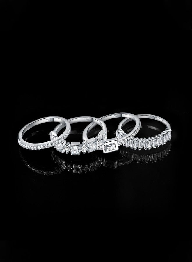 JewelryPalace Princess Emerald Cut CZ Stackable Wedding Ring Eternity Bands for Women, Cubic Zirconia 925 Sterling Silver 14K White Gold Plated Promise Ring for Her, 4pc Anniversary Ring Sets 8 - Image 3