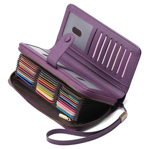 GAEKEAO Leather Credit Card Holder Wallet for Women RFID Blocking Large Capacity Bifold Zipper Card Case Organizer with Wristlet 45 Slots - Image 1