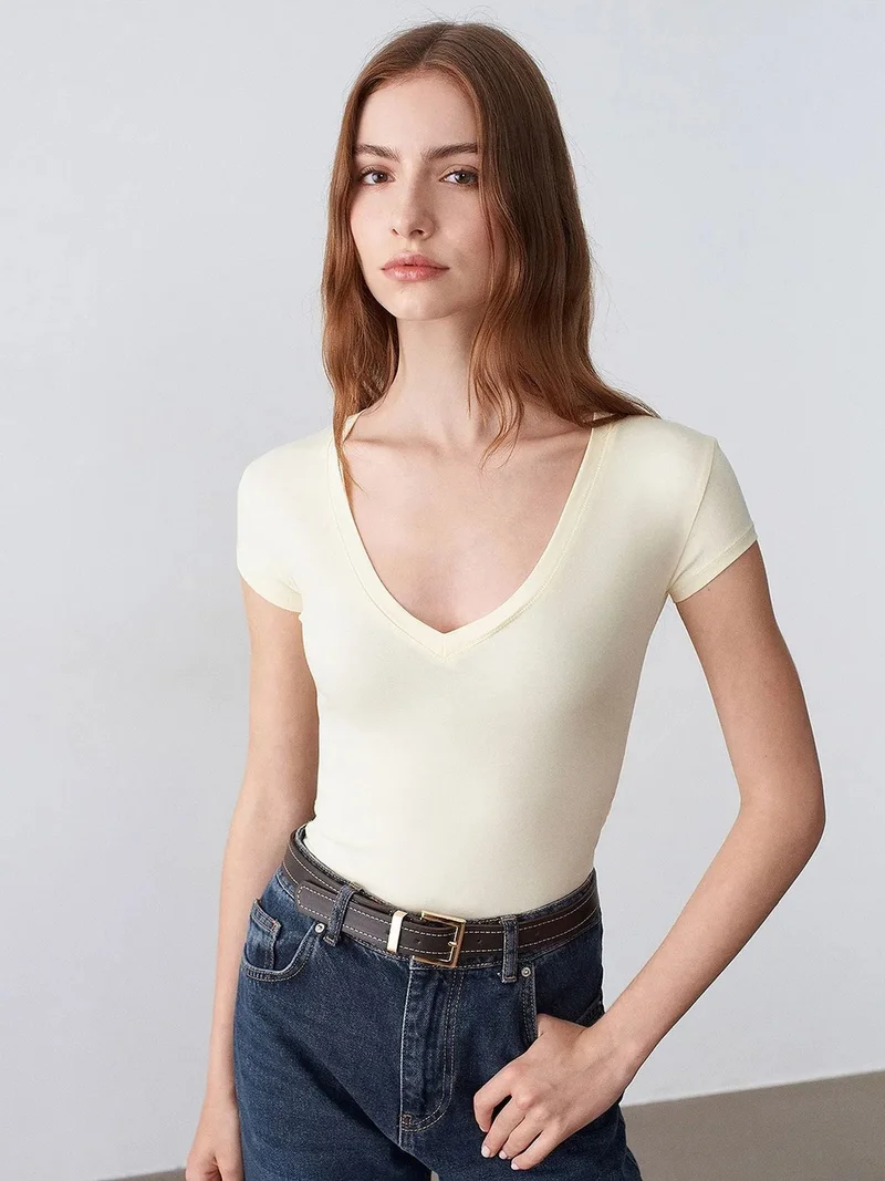 ديلفين DILVIN Slim Fit V-Neck Jersey Blouse