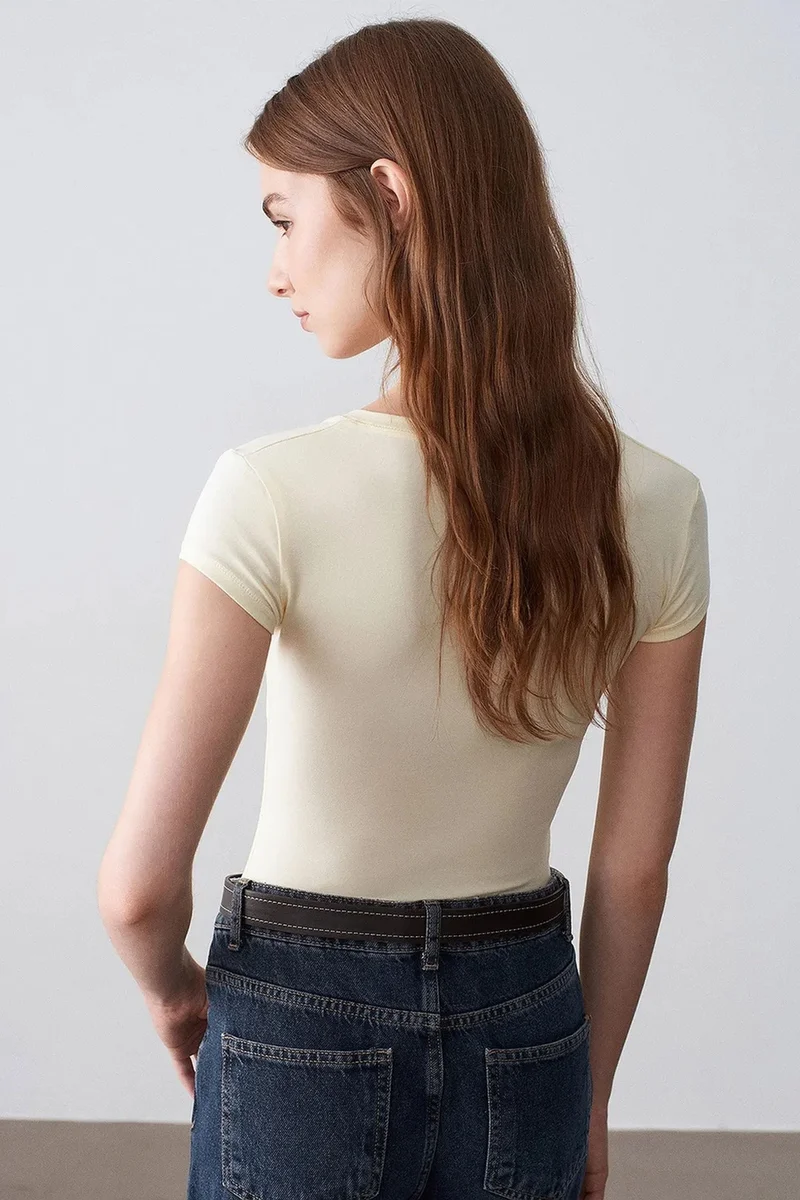 Dilvin Cream Natural DILVIN Slim Fit V-Neck Jersey Blouse for Women | Best Price UAE