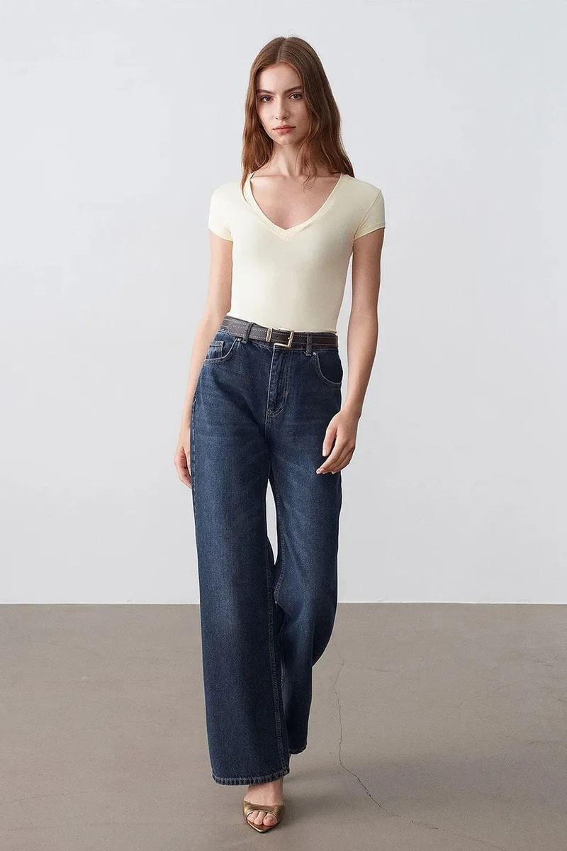 Dilvin Cream Natural DILVIN Slim Fit V-Neck Jersey Blouse for Women | Best Price UAE