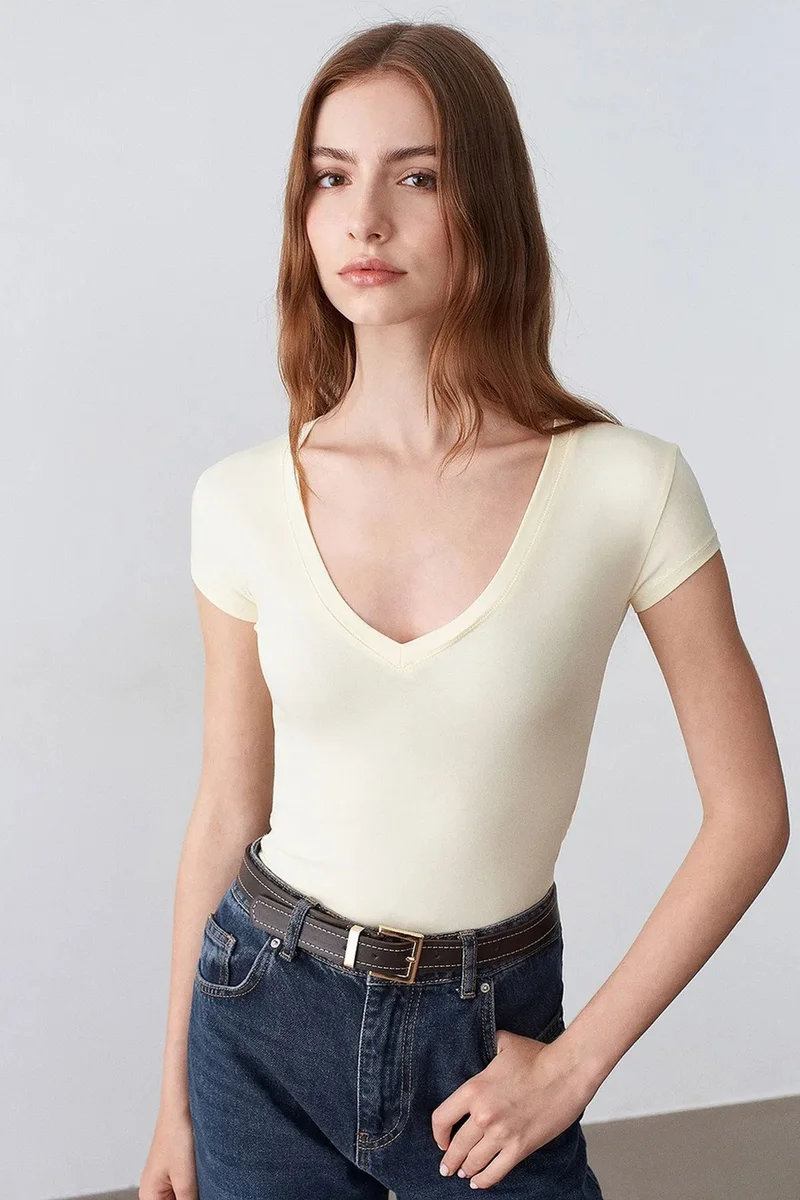 Dilvin Cream Natural DILVIN Slim Fit V-Neck Jersey Blouse for Women | Best Price UAE