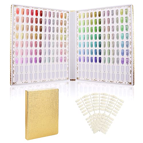 Segbeauty 216 Colors Nail Display Chart Nail Gel Polish Organizer Color Card with 240 False Tips Salon Fingernail Beauty Sample Supplies Tool Set Stick Cardboard Finger Painting Practice Book Golden