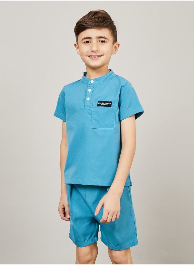 Styli - Solid Mandarin Collar T-Shirt & Shorts Set - Image 1