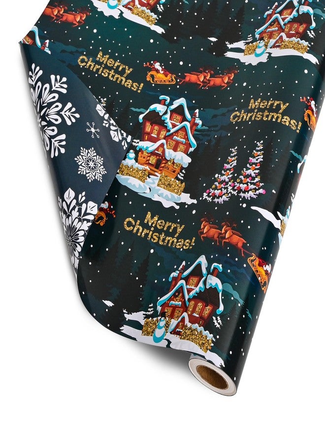 Vnaaem Reversible Santa Christmas Wrapping Paper Roll for Men Women - Dark Green Xmas House,Trees & Snowflakes Design Gift Wrap for Holiday Party Celebration, Winter DIY Craft - 17 In X 20 Ft(Total 28.5sq.ft) - Image 5