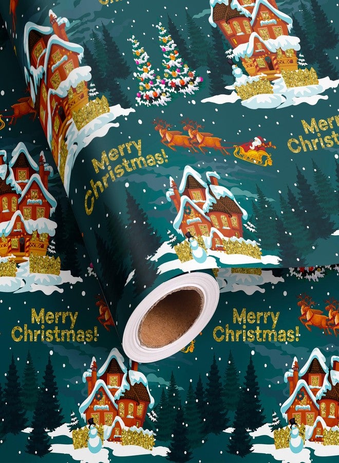 Vnaaem Reversible Santa Christmas Wrapping Paper Roll for Men Women - Dark Green Xmas House,Trees & Snowflakes Design Gift Wrap for Holiday Party Celebration, Winter DIY Craft - 17 In X 20 Ft(Total 28.5sq.ft) - Image 1