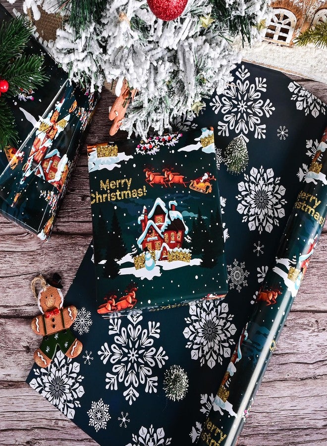 Vnaaem Reversible Santa Christmas Wrapping Paper Roll for Men Women - Dark Green Xmas House,Trees & Snowflakes Design Gift Wrap for Holiday Party Celebration, Winter DIY Craft - 17 In X 20 Ft(Total 28.5sq.ft) - Image 3