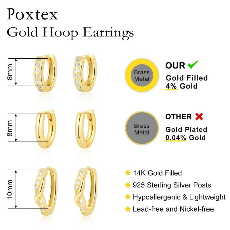 Poxtex Small Hoop Earrings for Women14K Real Gold Plated Huggie Cartilage Earrings Set for Multiple Piercing Lightweight Hypoallergenic 925 Sterling Silver Jewelry for Gifts - Image 5