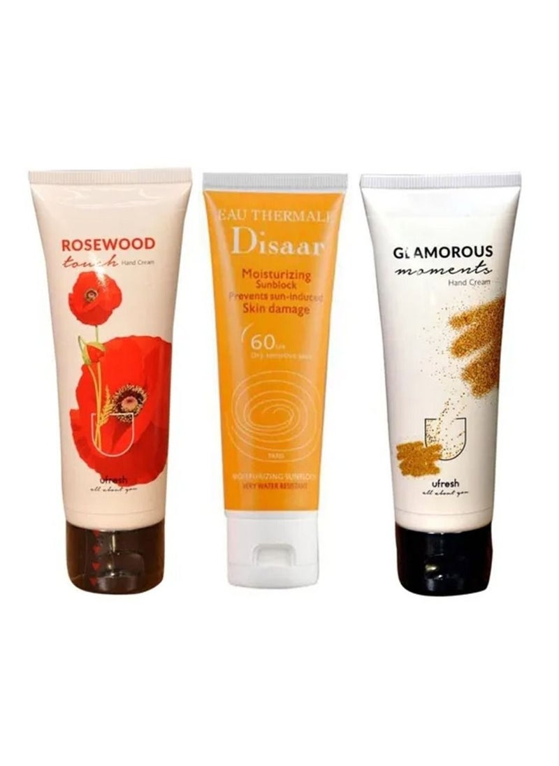 Disaar Hand and face care set Eau Thermale Moisturizing Sunblock SPF 60 80ml With Glamorous Moments And Rosewood Touch Hand Cream 2× 75ml 