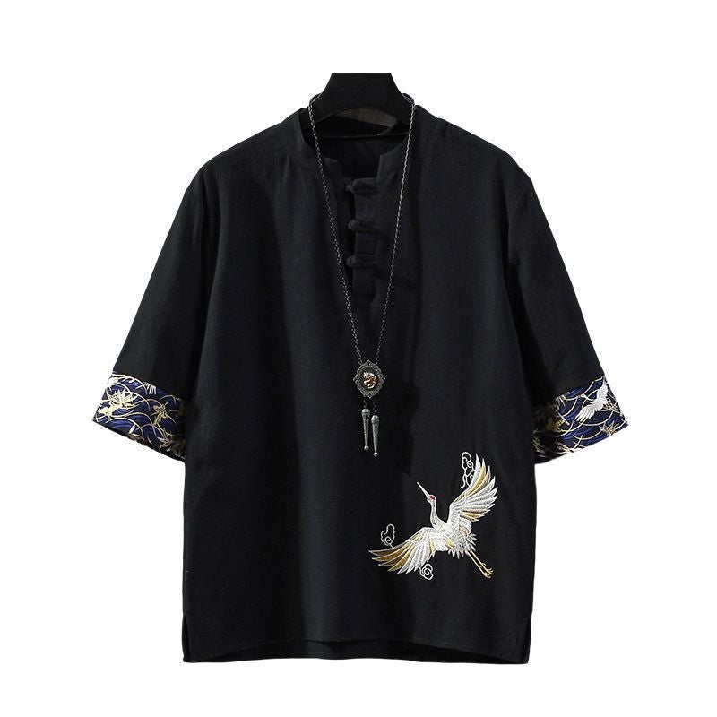 Linen Short-Sleeved T-Shirt Men'S Embroidered Summer Thin Loose Plus Size Tang Clothes Chinese Style Men'S Cotton And Linen T-Shirt - Image 5