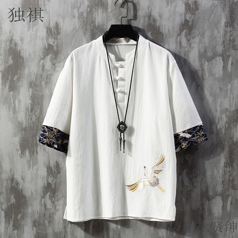 Linen Short-Sleeved T-Shirt Men'S Embroidered Summer Thin Loose Plus Size Tang Clothes Chinese Style Men'S Cotton And Linen T-Shirt - Image 1