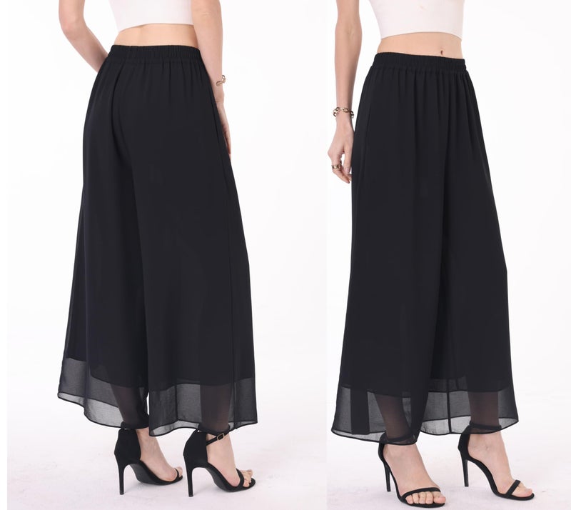 heipeiwa Women's Capris Crop Chiffon Pants Summer Beach Vacation Culottes Casual Dress Wide Leg Palazzo Pants Black - Image 2