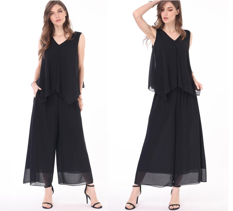 heipeiwa Women's Capris Crop Chiffon Pants Summer Beach Vacation Culottes Casual Dress Wide Leg Palazzo Pants Black - Image 3