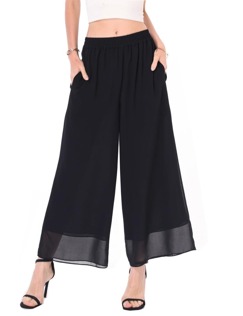 heipeiwa Women's Capris Crop Chiffon Pants Summer Beach Vacation Culottes Casual Dress Wide Leg Palazzo Pants Black - Image 1