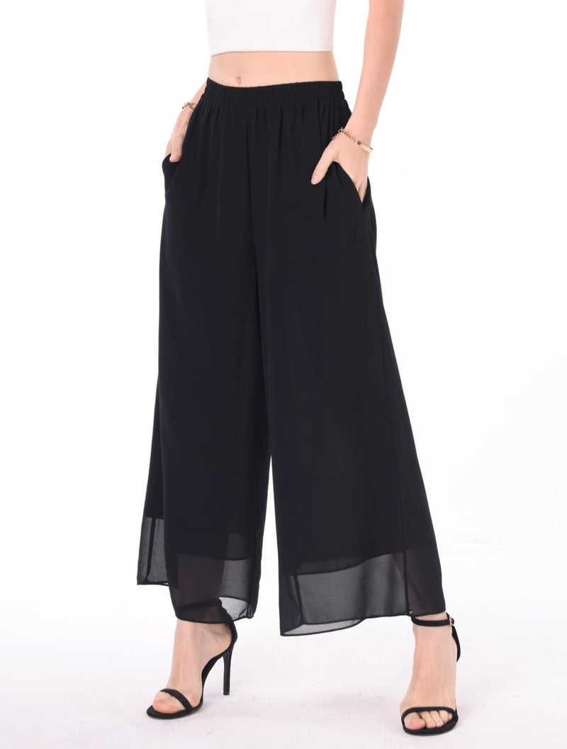 heipeiwa Women's Capris Crop Chiffon Pants Summer Beach Vacation Culottes Casual Dress Wide Leg Palazzo Pants Black - Image 5