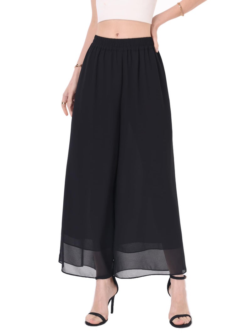 heipeiwa Women's Capris Crop Chiffon Pants Summer Beach Vacation Culottes Casual Dress Wide Leg Palazzo Pants Black - Image 4
