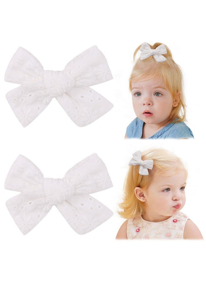 Jollybows 2pcs 3.2" Baby Girl Toddler Pigtail Hair Clip Bows - Neutral Linen White Eyelet - Image 1