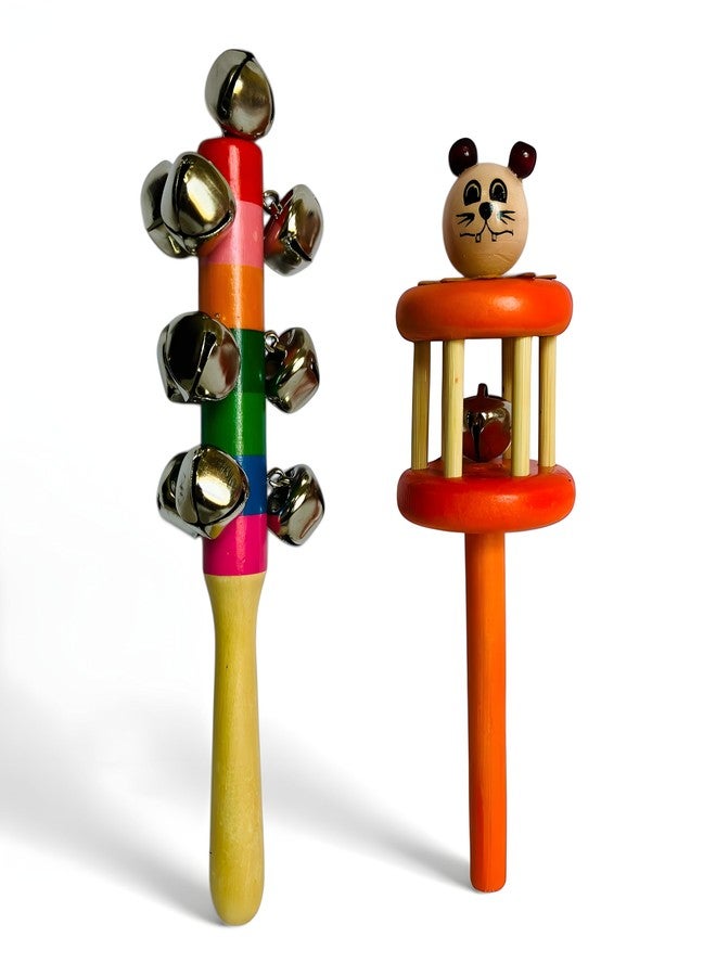 MarvelStore Wooden Rattles for Baby, Infants, New Born Babies Toys (0 to 6 to 12 Months) | Perfect for Early Music Education, Rhythm Practice, and Sensory Play (Multicolor)(Cage Bell + Jingle Bell) - Image 1
