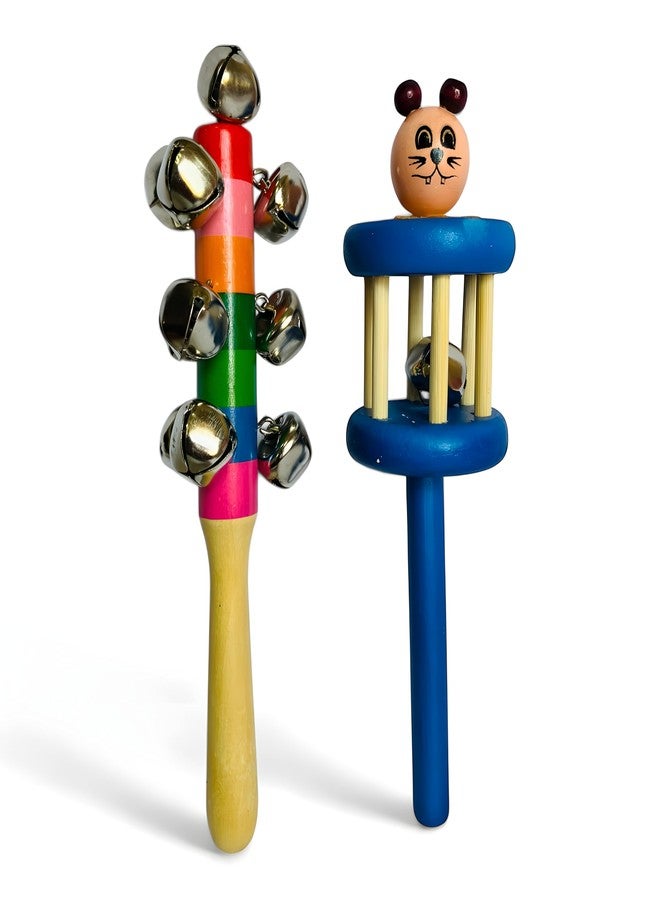 MarvelStore Wooden Rattles for Baby, Infants, New Born Babies Toys (0 to 6 to 12 Months) | Perfect for Early Music Education, Rhythm Practice, and Sensory Play (Multicolor)(Cage Bell + Jingle Bell) - Image 2
