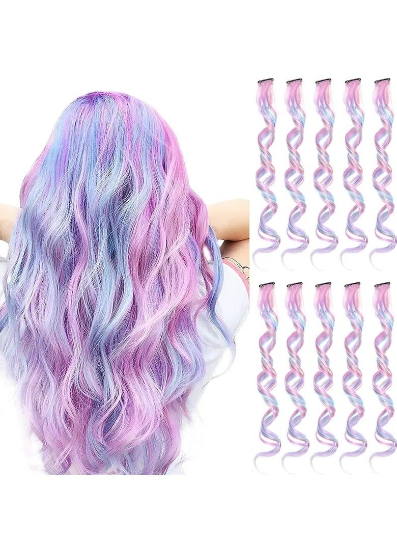 ORiTi 10 Pcs Unicorn Color Clip-In Hair Extensions For Women - Heat-Resistant Curly Hairpieces For Cosplay And Party Highlights - 66.04 cm Hair Accessories - Image 1