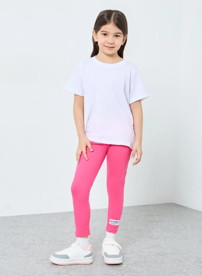 Styli Styli Girls Pink Ribbed Leggings with Badge Detail
