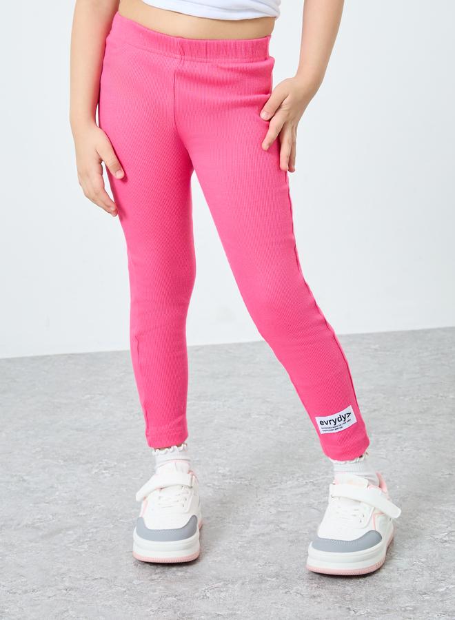 Styli Girls Pink Ribbed Leggings with Badge Detail - Image 1