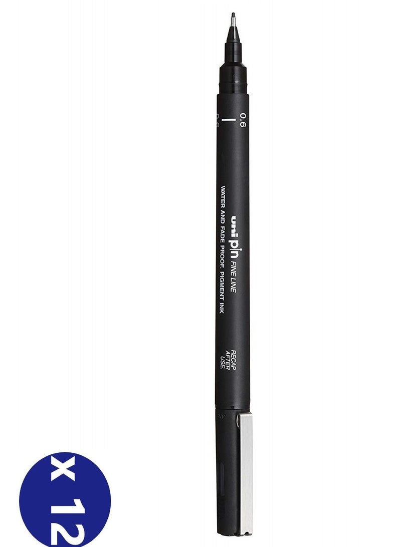 يوني بين قلم رسم Uni Pin Fineliner 0.6 مم أسود، علبة من 12 قطعة - Image 1