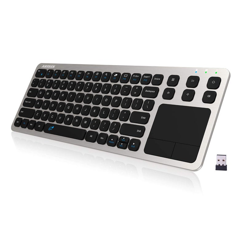Arteck 2.4G Wireless Touch TV Keyboard with Easy Media Control and Built-In Touchpad Mouse Solid Stainless Ultra Compact Full Size Keyboard -Connected Computer, Smart TV, HTPC - Image 1