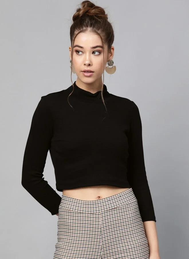 SASSAFRAS Black High Neck Cropped Top for Women