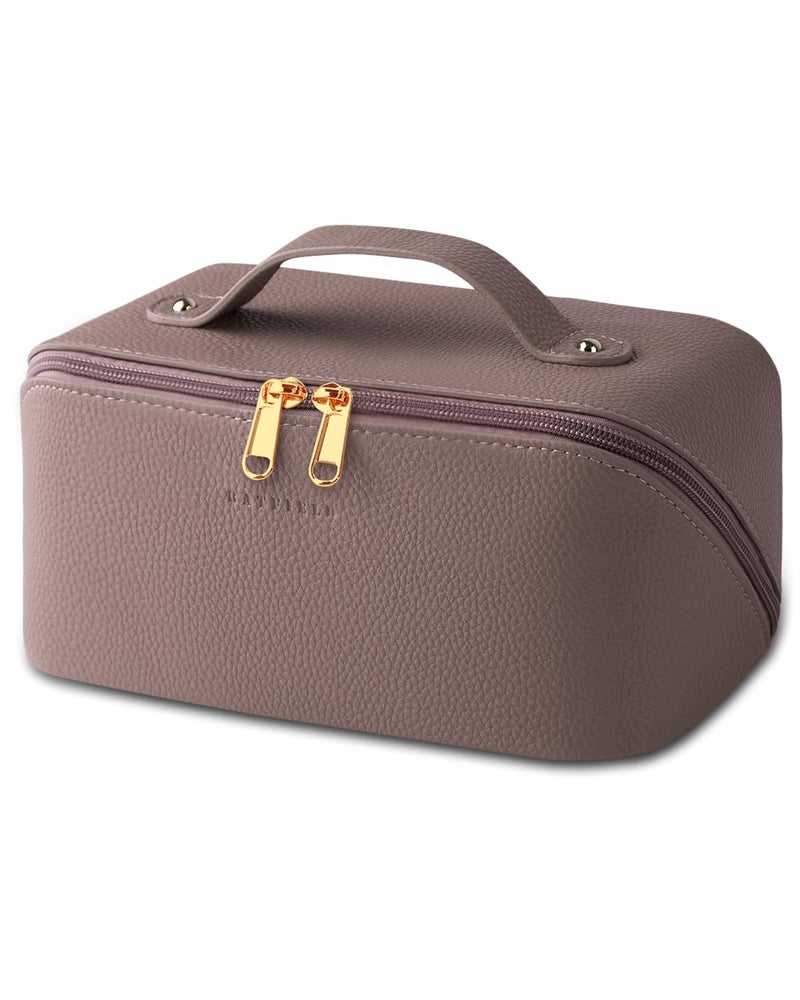 Batfield Cosmetic Bag For Women,Litchi Pu Leather Makeup Pouch For Women,Large Capacity Cosmetic Travel Bag,Portable Makeup Kit Storage Bag With Handle And Divider,Makeup Organizer Bag (Pink),12 cm - Image 1